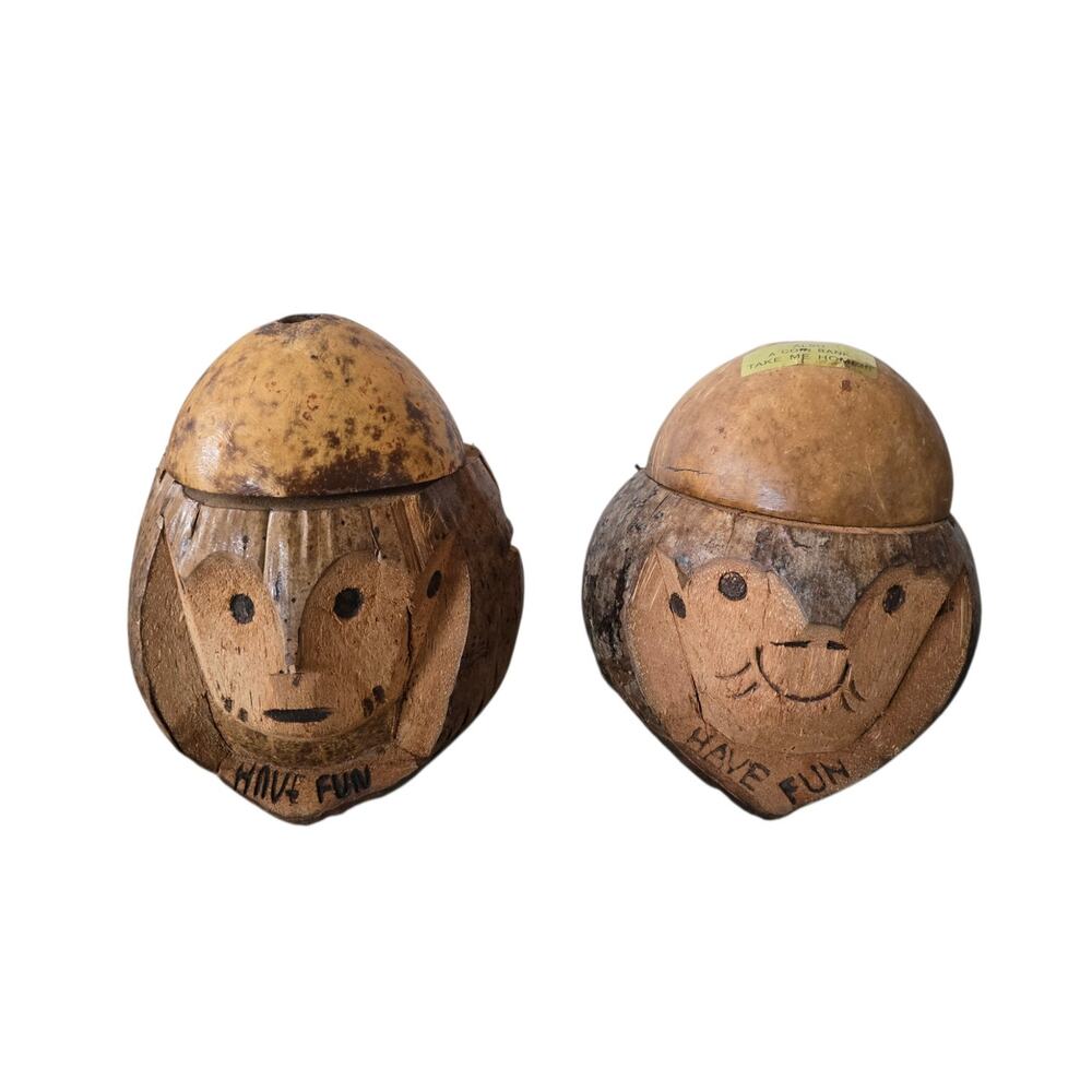 Set of 2 Vintage Coconut Heads Bank Decor See Description